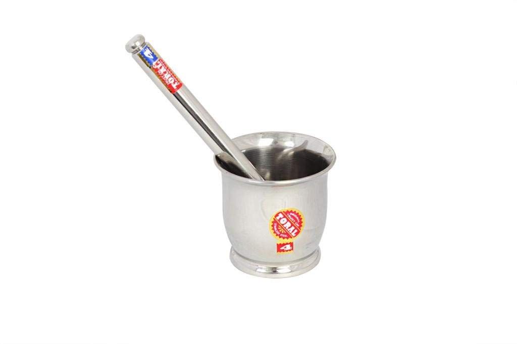 Toral Stainless Steel Mortar Pestle Khalbatta S4 Dasta Okhli Masher, 2 Piece Set, Silver